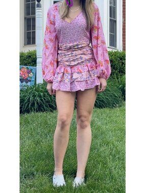 Pink Ripple Floral Ruched Mini Dress Medium Pink V Neck Ruffle Flounce Boho